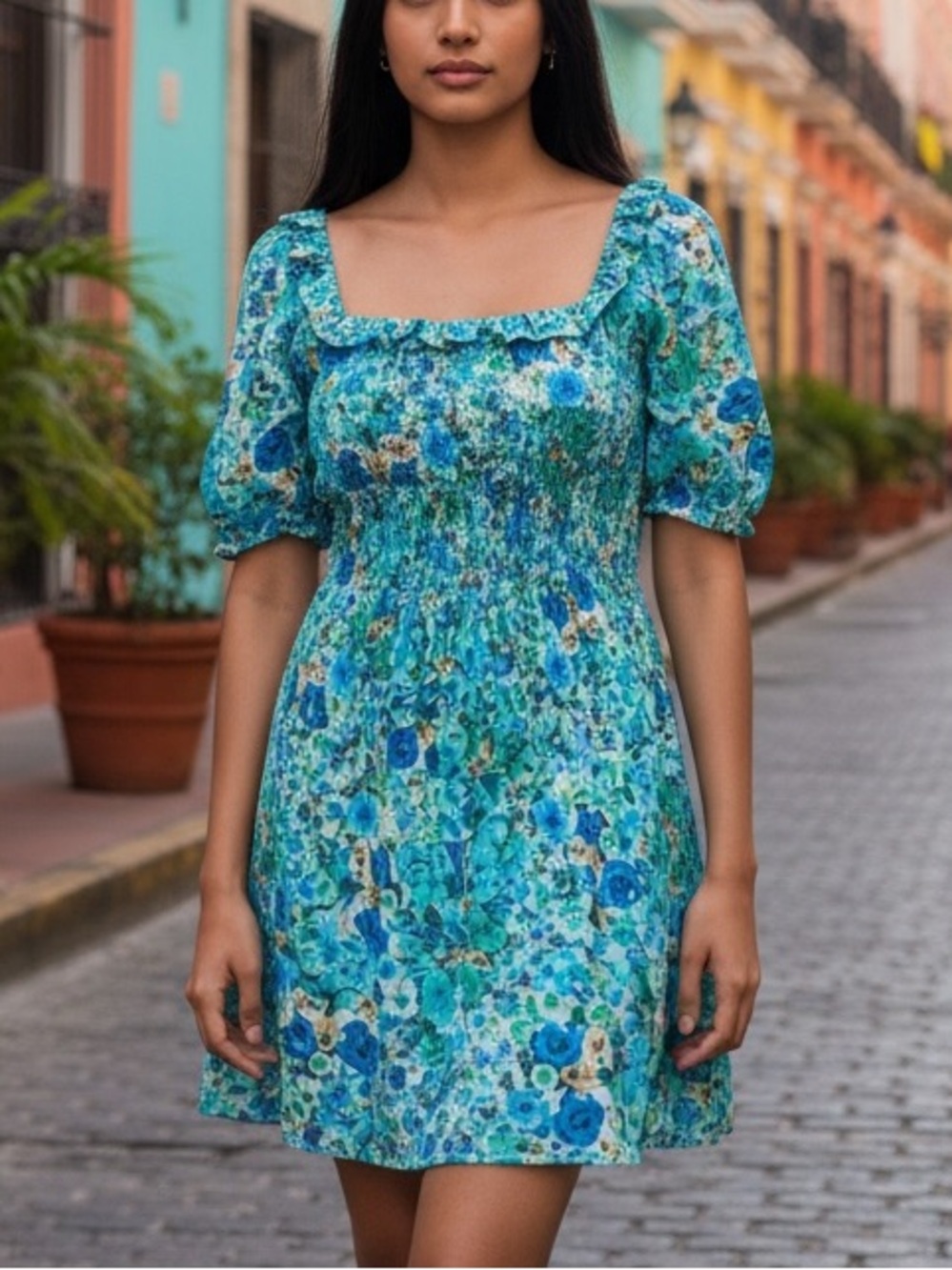 BOGO! Zara Smocked Floral Puff Sleeve Dress Turquoise Blue Small